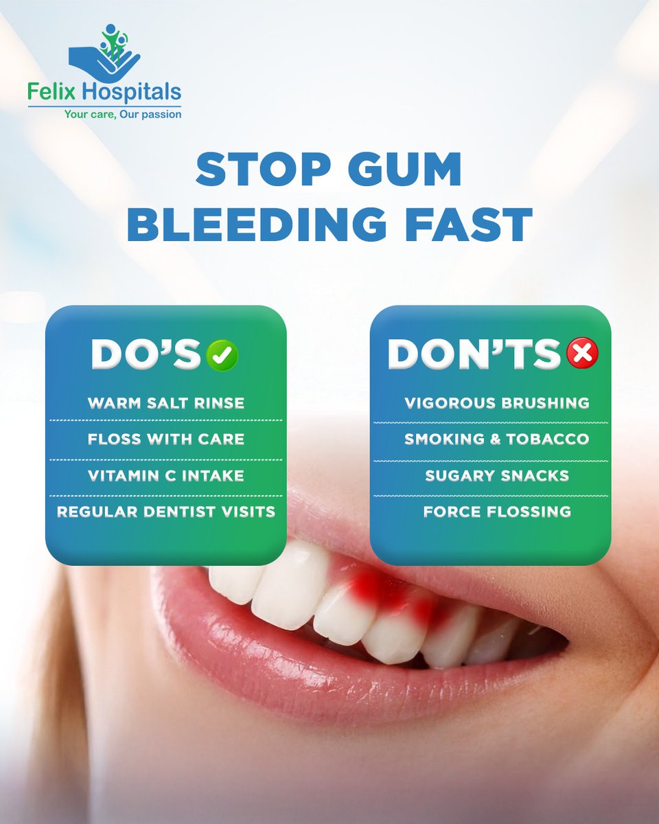 WellnessFelix's tweet photo. Bleeding gums? Take quick action! Gentle care, proper flossing, vitamin C, and regular dental visits can help, while avoiding harsh brushing, tobacco, and sugary snacks.
#BleedingGums #GumHealth #OralHealth #DentalCare #OralHygiene #VitaminC #FelixHospital https://t.co/vcfYkTSeCT
