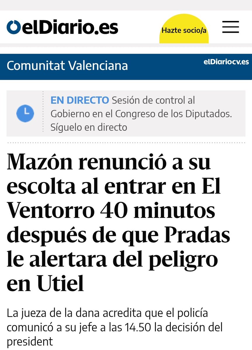 Os cuento esto:

En el interrogatorio a los escoltas de Mazón, la jueza de la Dana le pidió si le podía aportar la hora exacta en que Mazón le comunica que prescinde de sus servicios y lo comunica a su jefe.
Ya lo tenemos.
Fue a las 14:50, su jefe les dijo que se mantuvieran en