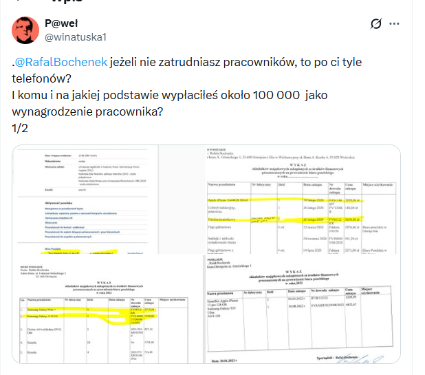 winatuska1's tweet photo. @RafalBochenek @donaldtusk Bębenek, ty w zeszłej kadencji, nie zatrudniając nikogo w biurze poselskim nakupiłeś 4 telefony za 10 000 zł. https://t.co/WGLJVGugNn