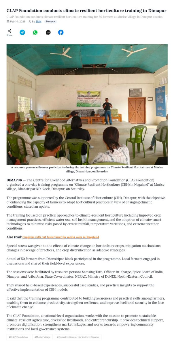 ClapFounda5250's tweet photo. An article covered by @Eastern_Mirror about training on “Climate Resilient Horticulture (CRH)” conducted by @ClapFounda5250 &amp; #CIH, Dimapur on 14-02-2026 at Dhansiripar RD Block, Dimapur, Nagaland. @AgriNgl @horticulturengl @AgriGoI
Link: https://t.co/85AF1N3FEa https://t.co/8NHnoh9CC0