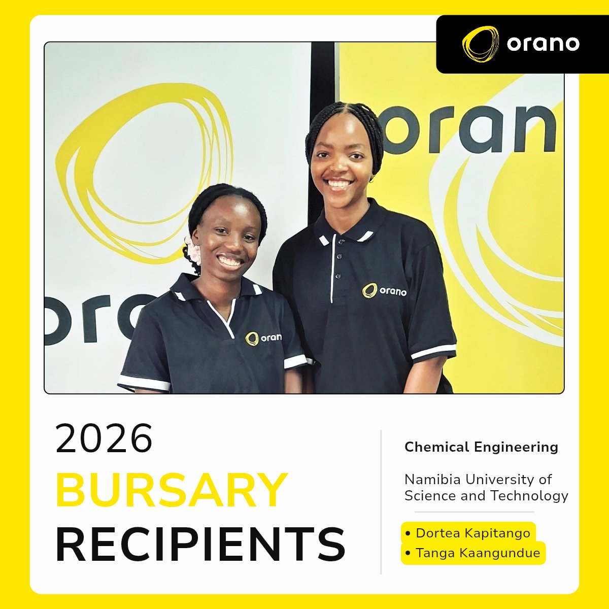 Orano Mining Namibia continues it's investment in education with the award of 2 bursaries to students studying Chemical Engineering at NUST.  Dortea Kapitango and Tanga Kaangundue, both in their 4th year, were selected as final recipients. #partnerofchoiceforEducation 
#teamOrano