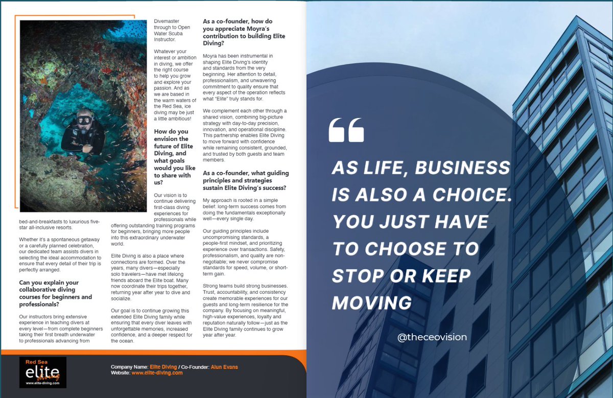 theceovision's tweet photo. 🌊 Elite Diving has been recognized as one of The Most Innovative Companies to Watch 2026!

From Red Sea dives to world-class PADI training, the Evans family delivers unforgettable underwater experiences.

Discover more: https://t.co/F5E0c3HL0b

#EliteDiving #RedSea #ScubaDiving https://t.co/XYCX2ISwFe