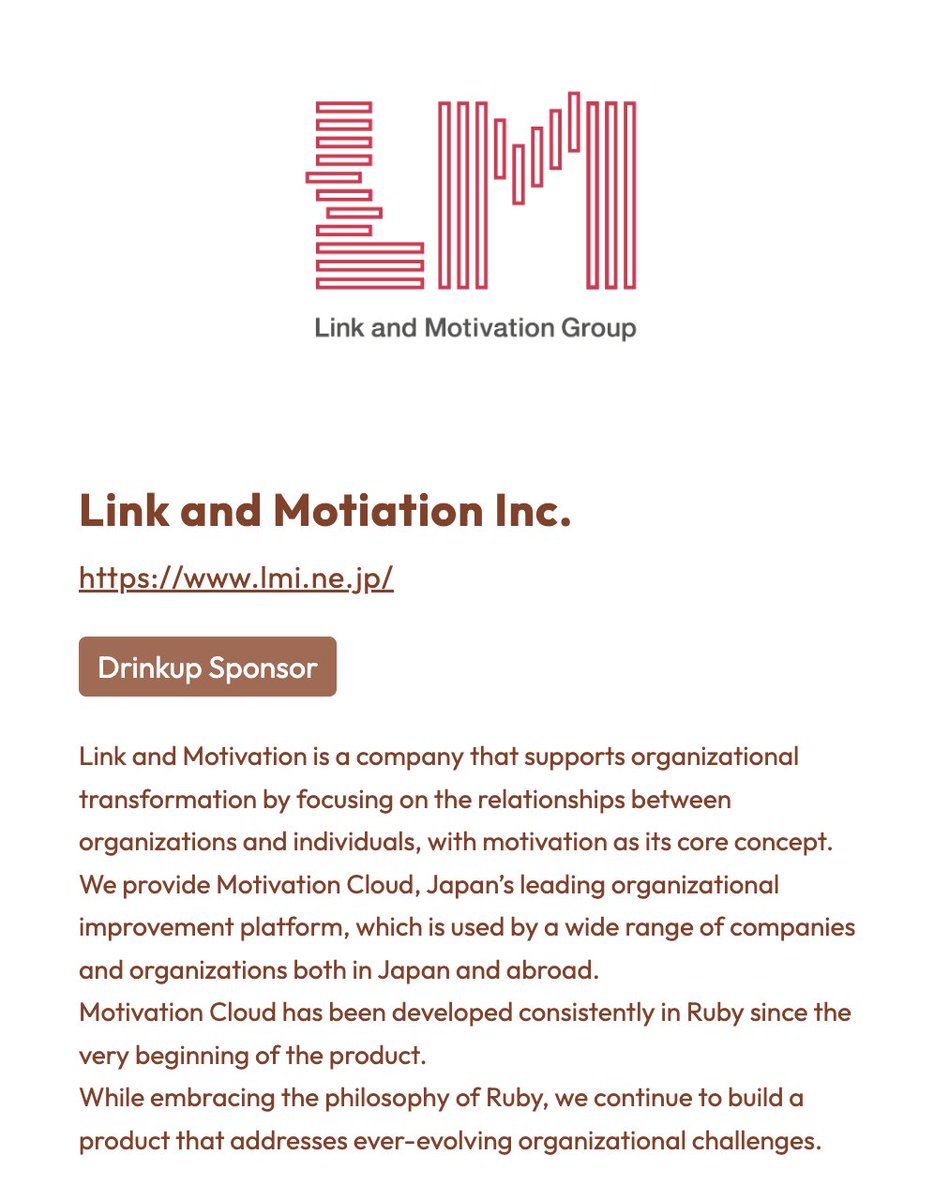 LinkandM_dev's tweet photo. 🎉協賛のお知らせ🎉

リンクアンドモチベーションは、「RubyKaigi 2026」にPlatinum Sponsorとして協賛いたします。

Drinkupも予定しておりますので、お楽しみに！函館の地でみなさんとお会いできることを、心より楽しみにしております！ #rubykaigi
https://t.co/97TQgaIiV9 https://t.co/yUDPDUqNOC
