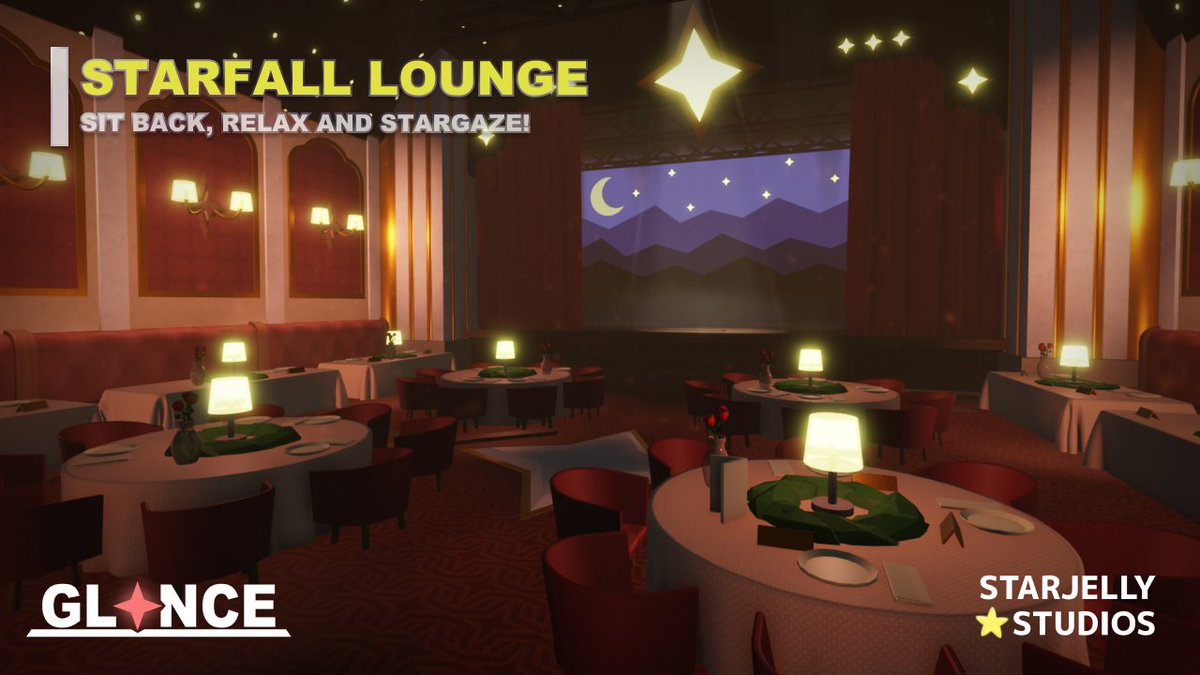 Pxlarius's tweet photo. Welcome to Starfall Lounge! 💫

This is the lobby of Glance, a newly released social deduction game on Roblox!

Sit back and relax to the chill music, all while watching the epic showdowns on the theatre stage!

PLAY HERE: https://t.co/P2MQ0MSup7

#Roblox #RobloxDev https://t.co/dmzpOw91qU
