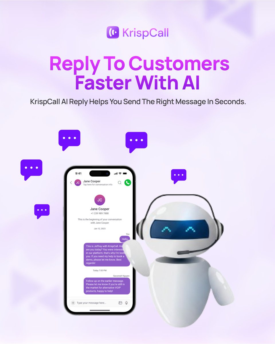 Krispcall's tweet image. Reply to customers faster. Close deals sooner.

KrispCall AI Reply helps you send the right message in seconds without overthinking every response.

Smarter replies. Better conversations.

 Try it now: krispcall.com
#KrispCall #AI #BusinessTools #CustomerExperience