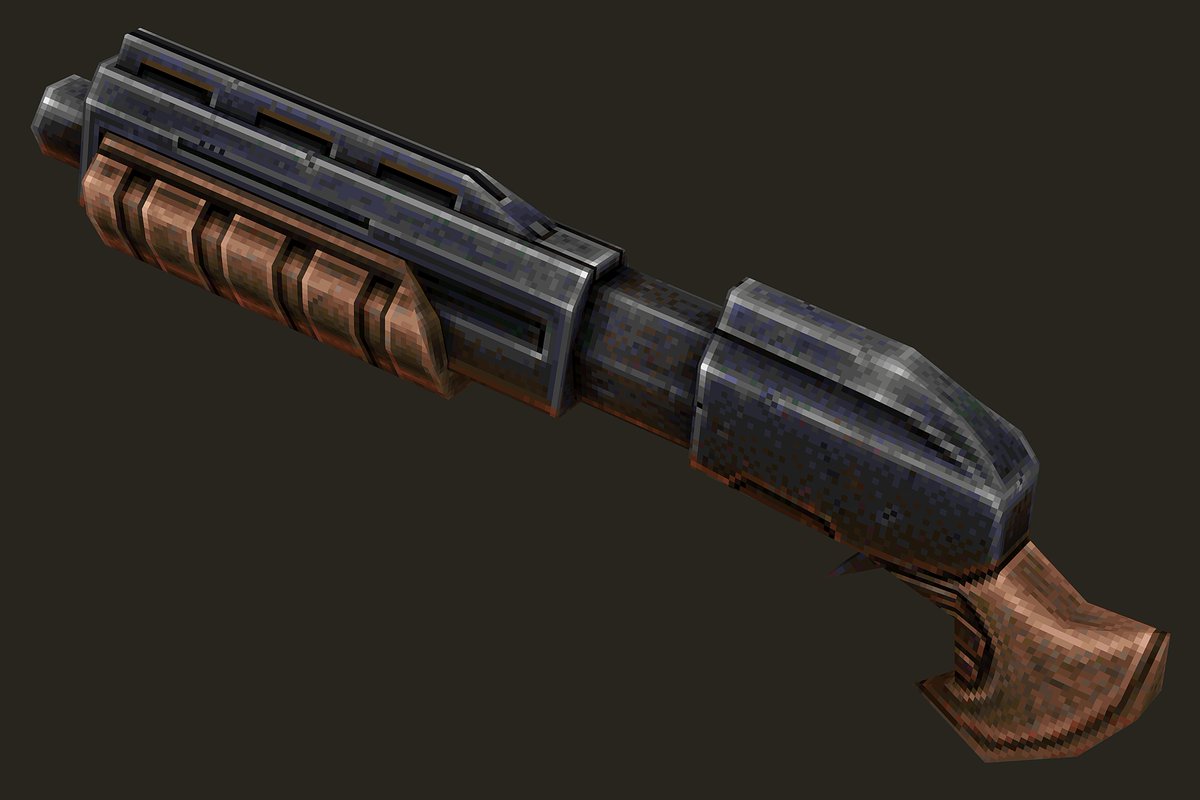 millenia3d's tweet image. almost done polishing up the shotgun texture for LibreQuake, 200x200px, quake 1 palette, 206 triangles. original model and texture by aDaya