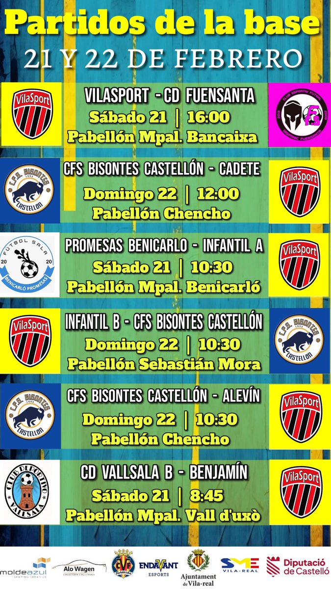 🎙 Partidos de la base 🏆🥅⚽️📅⏰️

#EndavantEsports #SomVilaSport #SomCantera 

<a href="/SMEVILAREAL/">SME Vila-real</a> <a href="/VillarrealCF/">Villarreal CF</a> <a href="/dipcas/">Diputació de Castelló</a> <a href="/ajvila/">Ajuntament de Vila-real</a>