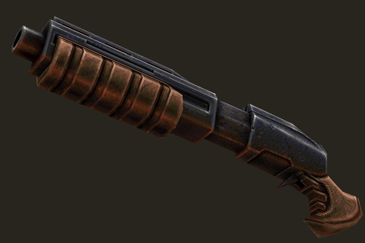 millenia3d's tweet image. almost done polishing up the shotgun texture for LibreQuake, 200x200px, quake 1 palette, 206 triangles. original model and texture by aDaya