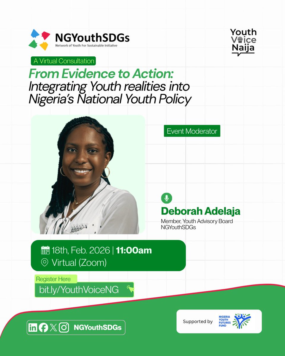 NGYouthSDGs's tweet photo. TODAY: From Evidence to Action! 🚨

It’s time to integrate youth realities into Nigeria’s National Youth Policy. Join our virtual consultation at 11:00 AM to be part of the change.
👥 Panelists: @StephenDaniel, @SolapeSonuga, @DrShadrachAkpem
🎙 Moderator: @EvangelineOlapade https://t.co/ZIRpEnEmcZ