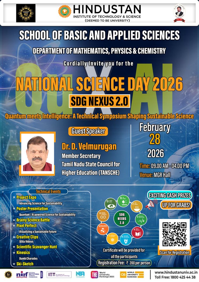 hits_maths's tweet photo. 🔬 National Science Day 2026
SDG Nexus 2.0 @ HITS

🗓 28 Feb 2026 | ⏰ 9 AM – 4 PM
📍 MGR Hall

Tech Events | Cash Prizes | Certificates

🌍 Quantum meets Intelligence – Shaping Sustainable Science

Register Now! #NSD2026 #SDGNexus #QuantumAI https://t.co/O2Hs3qTwbM
