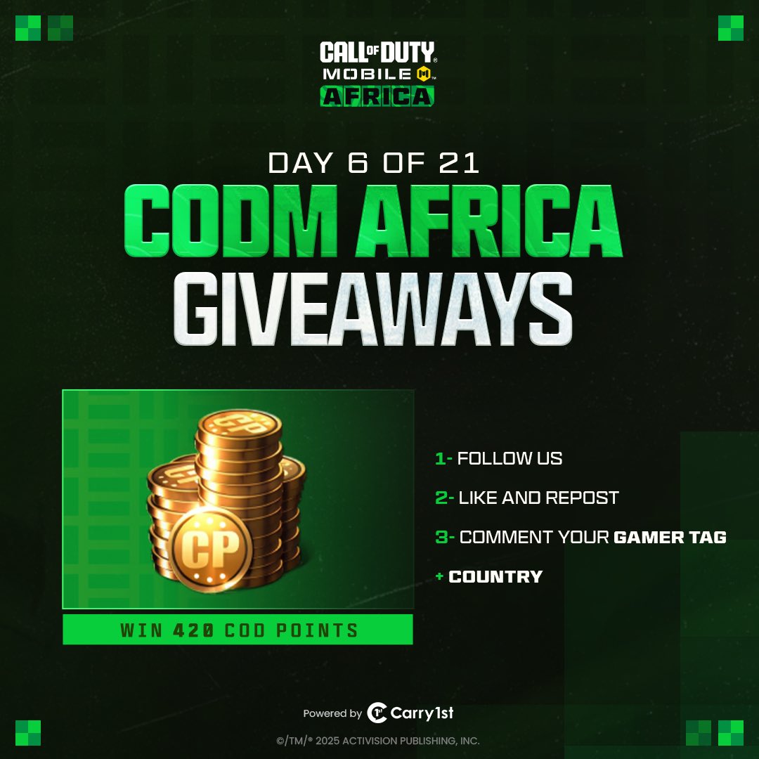 Day 6 is live 🔥

We’re not slowing down yet.
420 COD Points are up for grabs today.

To enter:
• Follow the page
• Like and share this post
• Comment your country flag + Gamer Tag

Almost at one week💥
#codm #codmafrica #callofdutymobile
