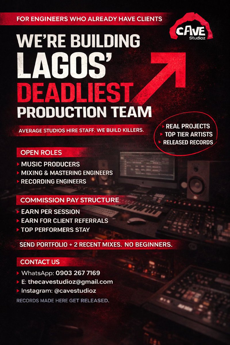 cavestudioz's tweet photo. Average studios hire staff.
We’re building Lagos’ deadliest production team.

If you already have clients and your mixes are release-ready, step in.
No beginners. Portfolio required.

DM ASAP @purmjay https://t.co/XSBEqBcocp