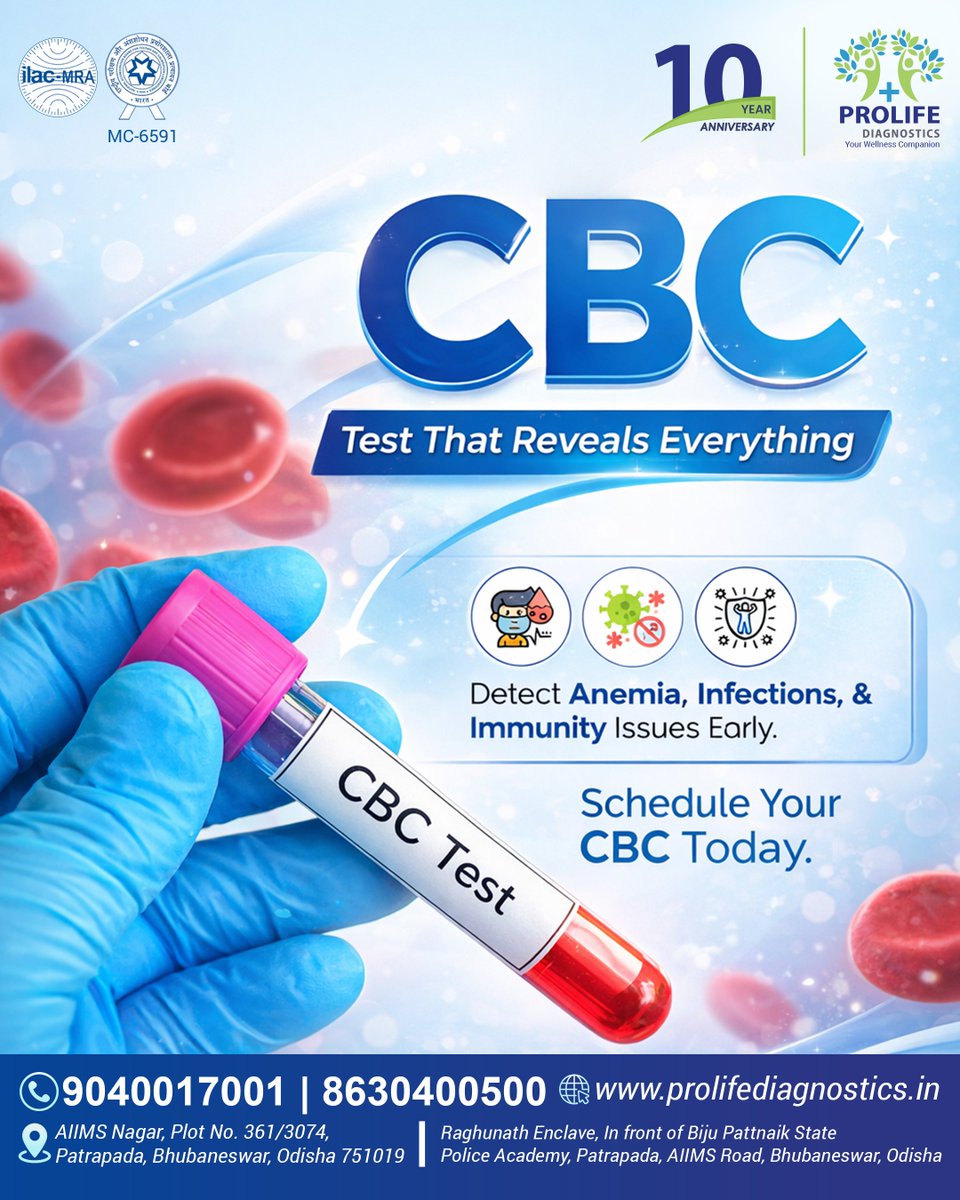 ProlifeBBSR's tweet image. Feeling tired, weak, or unwell for no clear reason?

A simple #CBCtest can detect #anemia, infections &amp;amp; immunity issues early.
Accurate. Quick. Stress-free testing at #ProlifeDiagnostics.

📍AIIMS Nagar, Plot No. 361/3074, Patrapada, Bhubaneswar, Odisha
📞9040017001 | 8630400500