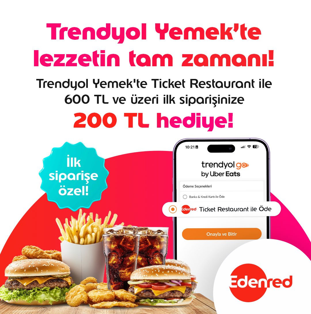 Bu fırsat kaçmaz! 🤩 Trendyol Yemek’te ilk kez sipariş veren ve online ödeme yönetimi seçen Ticket Restaurant kullanıcılarına özel 600 TL ve üzeri siparişe 200 TL hediye! 🍔🤤
 
Hemen sipariş verin, fırsatı yakalayın!

Detaylar MyEdenred’de.
 
#EdenredTürkiye #TicketRestaurant