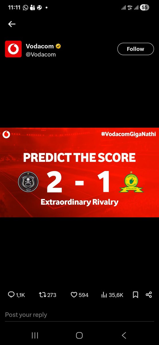 VNkosinathi's tweet photo. @Vodacom @orlandopirates @Masandawana Pirate is winning https://t.co/SJVISxmNIZ