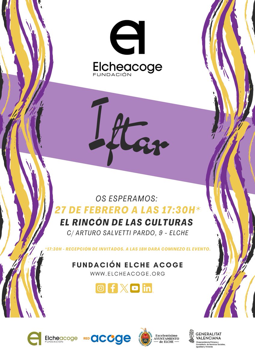 el 27 de febrero a las 17:30h* celebramos en El Rincón de las Culturas nuestro  iftar comunitario.Proyecto mediación intercultural en los ámbitos comunitarios. Financiado por Vicepresidencia Primera y Conselleria de Servicios sociales, igualdad y vivienda.
#ElcheAcoge