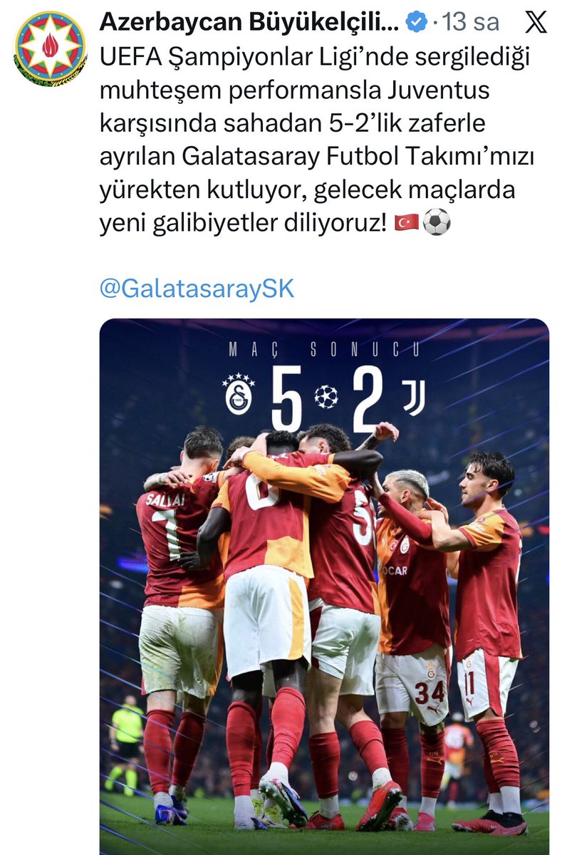 rdlcck's tweet photo. @Goal_Gossip1 Bu da Azerbaycan Büyükelçiliğinin paylaşımı.
Hem bu galibiyeti kutlamışlar hem de gelecek maçlarda başarılar dilemişler. https://t.co/0ljgBoiV1R