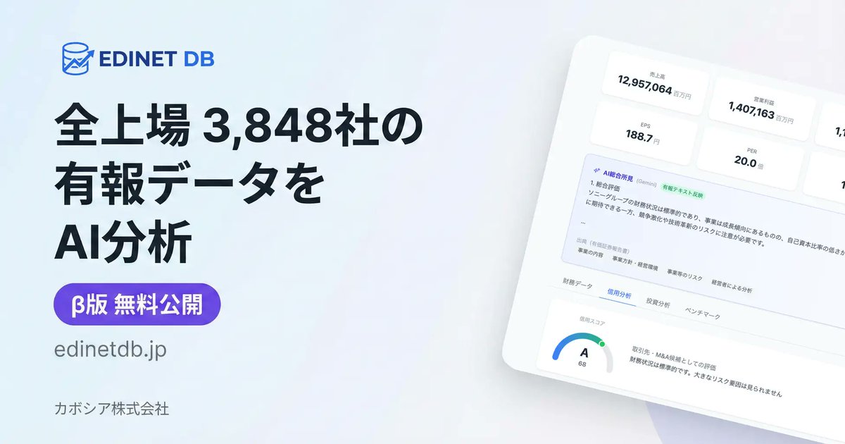 nakamoto_zero's tweet photo. 財務分析の「民主化」、2026年に爆誕。

「会計基準がバラバラで比較しにくい…」「XBRLを触るのは職人芸…」 
そんなIR・投資家の悩みを一気に過去にするサービス「EDINET DB（β版）」が登場しました。

▼ 何がすごいの？
会計基準の「壁」を破壊JP GAAP、IFRS、US GAAP。全3,848社の異なる基準を24の共通指標に自動名寄せ。名寄せロジックも全公開という潔さ。

AIエージェントの「脳」に直結REST APIだけでなく、MCP Serverにも対応。
ChatGPTやClaudeから直接「〇〇社の過去5年の成長率を分析して」と指示できる、まさに2026年仕様。

独自スコアが「対話」のフックにロジック公開型の信用スコア（0〜100点）。
「なぜうちはこの点数なのか？」という投資家からの問いに備える、IR側のベンチマークにも最適。

現在はβ期間中で、本来有料級のPro機能も無料開放中。 「AIに財務データを読み込ませたいけど、精度が…」と悩んでいた方には、現時点で最強のデータソースになりそうです。
新興企業ならではのスピード感、IRの現場でも味方につけない手はありません。
https://t.co/iNaEtakfDw
#EDINETDB #財務分析 #AI投資 #IR実務