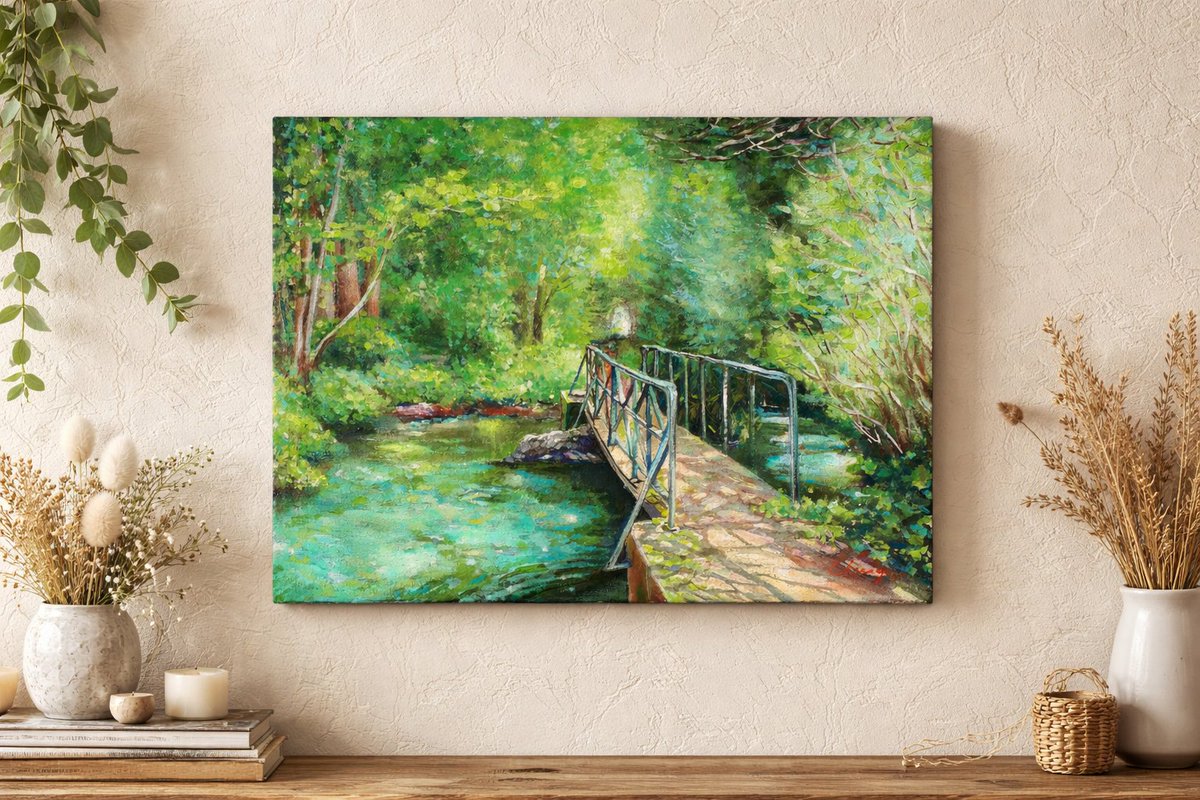 グリーン・ブリッジ 』油絵 F4号 油彩 木々のざわめき、柔らかな光