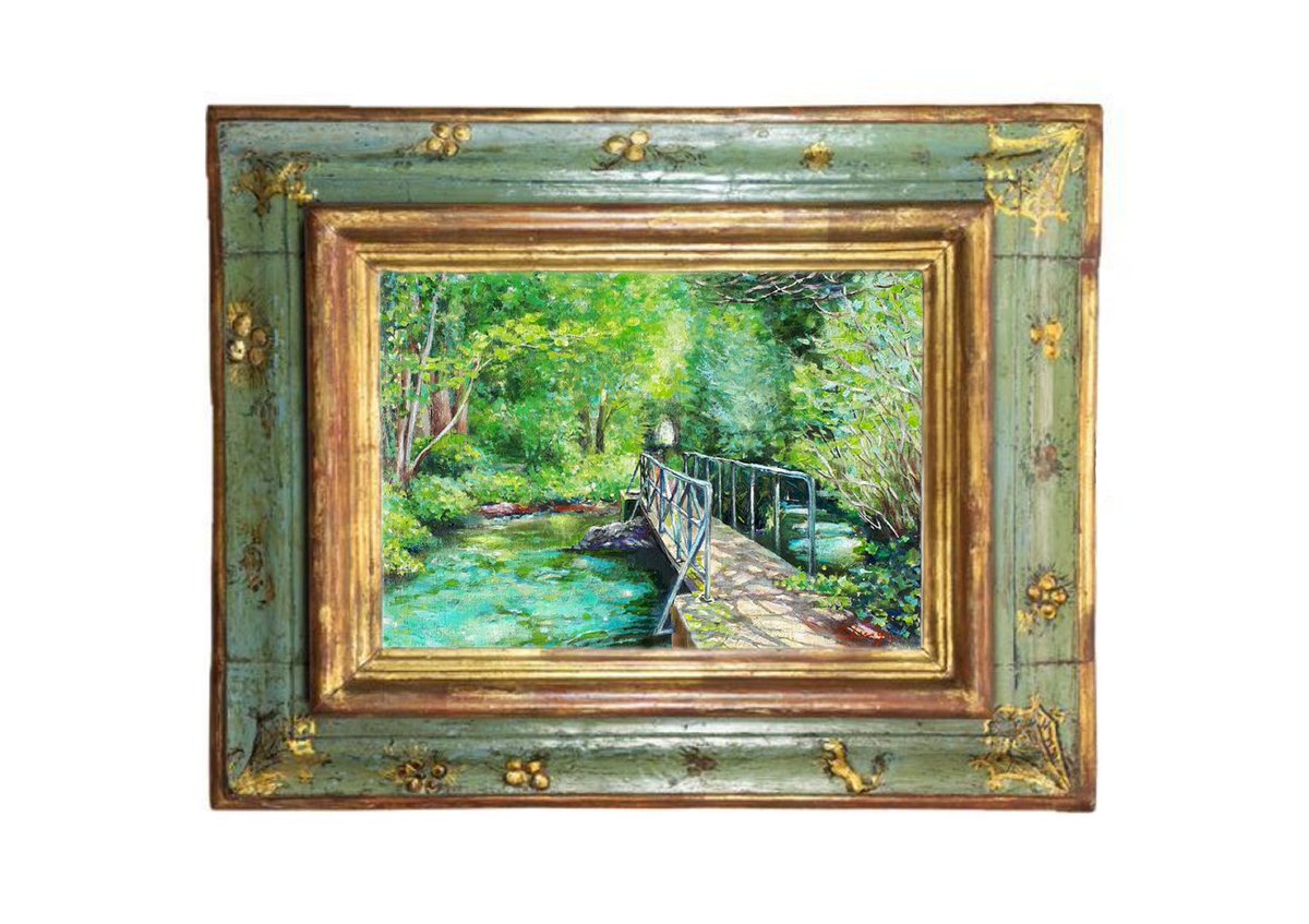 グリーン・ブリッジ 』油絵 F4号 油彩 木々のざわめき、柔らかな光