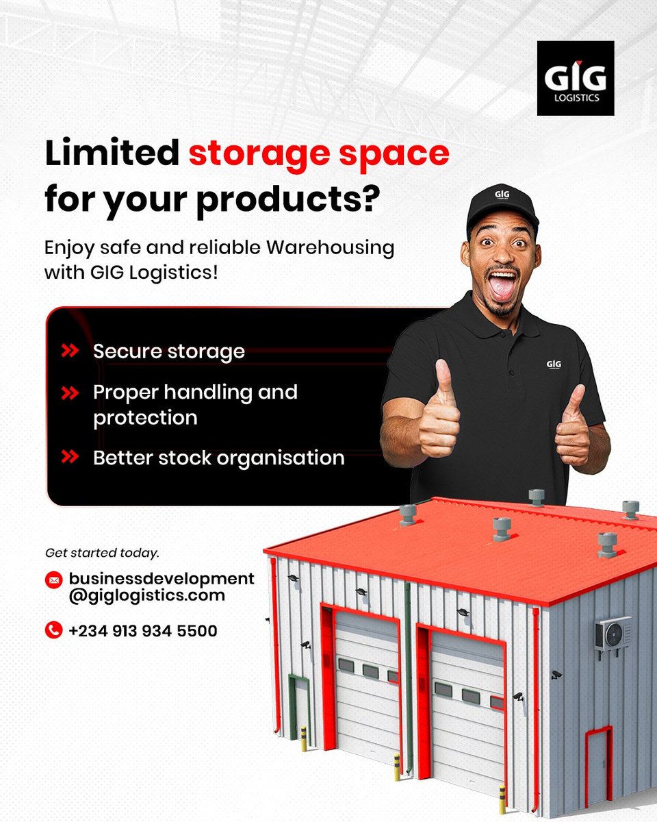 GiGLogistics's tweet image. Need more storage for your products? 

Choose secure warehousing in Nigeria with GIG Logistics. 

Enjoy:
• Safe storage 
• Proper handling 
• Smarter stock organisation 

📩businessdevelopment@giglogistics.com 
📩+234 913 934 5500 

#Warehousing #GIGLogistics #WeDeliver