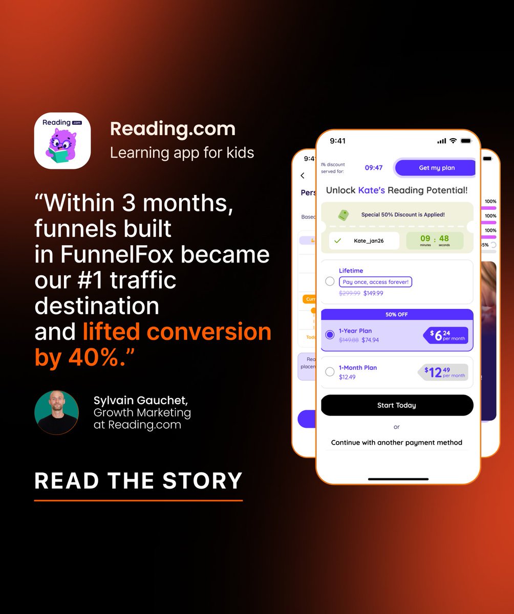 Reading.com turned web into a scalable growth channel without adding engineering overhead.

After redesigning and rebuilding their web2app funnel with FunnelFox, they achieved:
+50% conversion lift in the initial test
+40% conversion at scale
+30% revenue

Sylvain