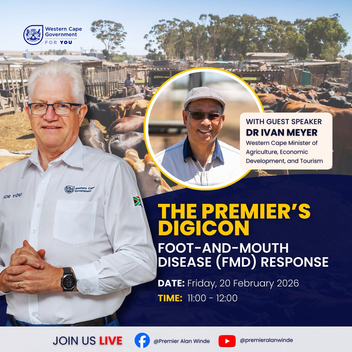 alanwinde's tweet image. Join us LIVE this Friday for an update on WC’s response to Foot-and-Mouth Disease. Minister Dr Ivan Meyer &amp;amp; I will outline the 21-point plan, including livestock movement restrictions &amp;amp; vaccinations.

🗓 Date: 20 Feb | ⏰Time: 11:00 - 12:00

#GetItDone