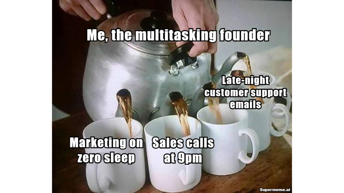 Ather_w's tweet photo. Founders: "I'll just do it myself – faster and better."
Reality: 3 months later, burned out, business stalled.
From a 3x founder to holding group CMO: Learned the hard way – delegate or die trying.
Your "do it all" story? 👇 #FounderMeme #Burnout https://t.co/eKiK9TUu2D