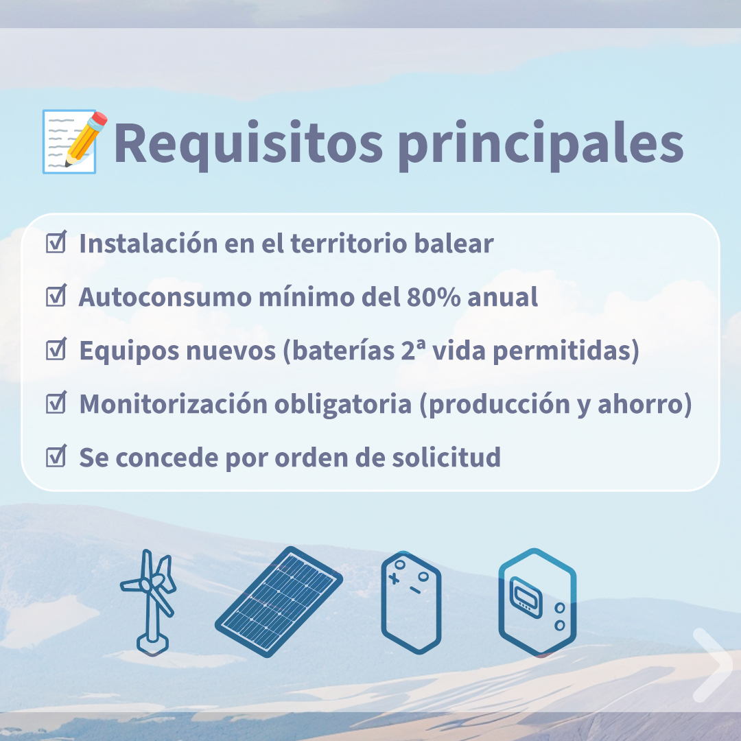REBACAS's tweet photo. 📢 Ayudas FOTOPAR 2026 en Baleares 🏝️⚡
🔆 FV hasta 5 kWp | 🌬️ eólica 5 kW | 🔋 baterías 30 kWh
💶 Hasta 600€/kWp y 420€/kWh
🗓️ Solicitudes: 26/01–30/04/2026 (o fin fondos)
🔗 https://t.co/eT1ajbUO8J
🔍 https://t.co/0DZl57s9z3#FOTOPAR2026 #Autoconsumo #Fotovoltaica #Baterías https://t.co/vBAhIGtxJ8