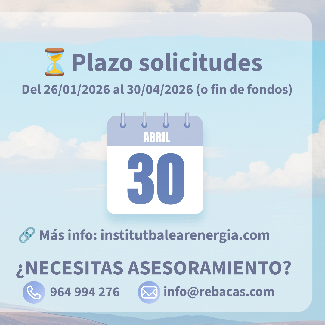 REBACAS's tweet photo. 📢 Ayudas FOTOPAR 2026 en Baleares 🏝️⚡
🔆 FV hasta 5 kWp | 🌬️ eólica 5 kW | 🔋 baterías 30 kWh
💶 Hasta 600€/kWp y 420€/kWh
🗓️ Solicitudes: 26/01–30/04/2026 (o fin fondos)
🔗 https://t.co/eT1ajbUO8J
🔍 https://t.co/0DZl57s9z3#FOTOPAR2026 #Autoconsumo #Fotovoltaica #Baterías https://t.co/vBAhIGtxJ8