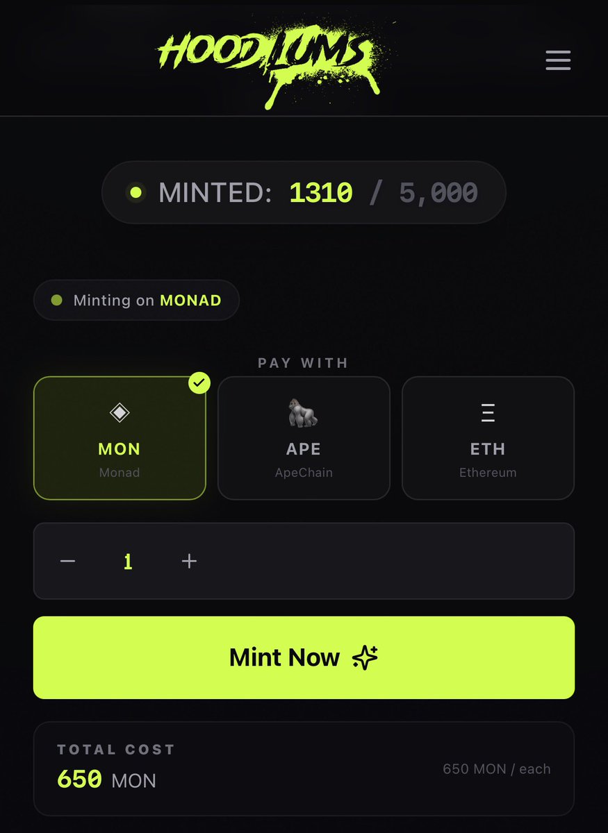 Hoodlums just went MULTICHAIN! 🧢

You can now mint a Hoodlum with $MON, $APE or $ETH! And there’s no transaction fees!

🕹️  Hoodlums: Battle for the Streets game LIVE!
🧢  Hoodlums Missions (Soft Staking) LIVE!

🔗  hoodlumsnft.io