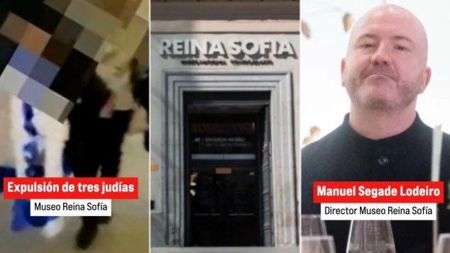 En el Reina Sofía caben banderas palestinas, seminarios pro-Gaza y consignas contra Israel. Lo que no cabe es una anciana judía con su bandera. Pregúntale al Ministerio de Cultura por qué. #Antisemitismo 

Foto vía Ok Diario : okdiario.com/espana/museo-r…