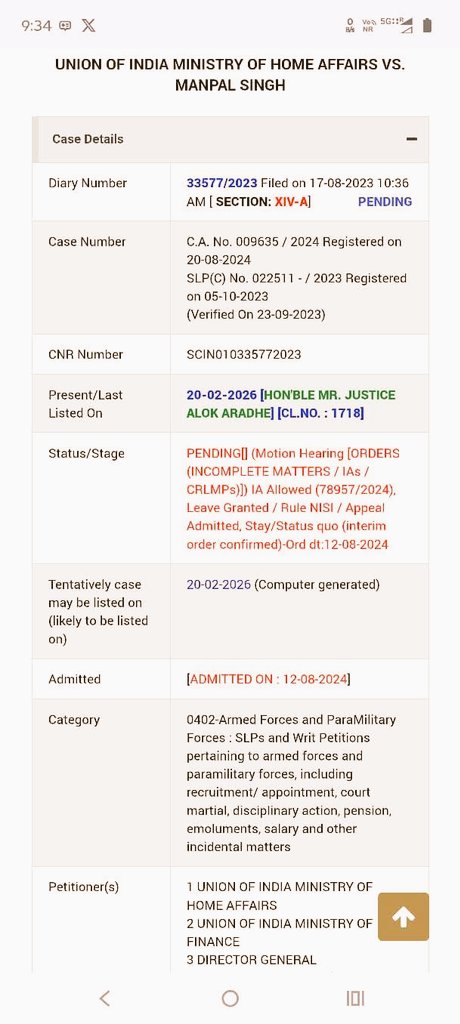 सभी अर्धसैनिक बलो के लिये एक खुशखबरी है की अब OPS केस की अगली सुनवाई की डेट 20 फ़रवरी निश्चित की गई है। 

पहले ये डेट हटा दिया गया था, अब फिर से नया डेट अपडेट कर दिया गया है। एक बात बीच में 10 मार्च की तारीख भी दी गई थी #ops