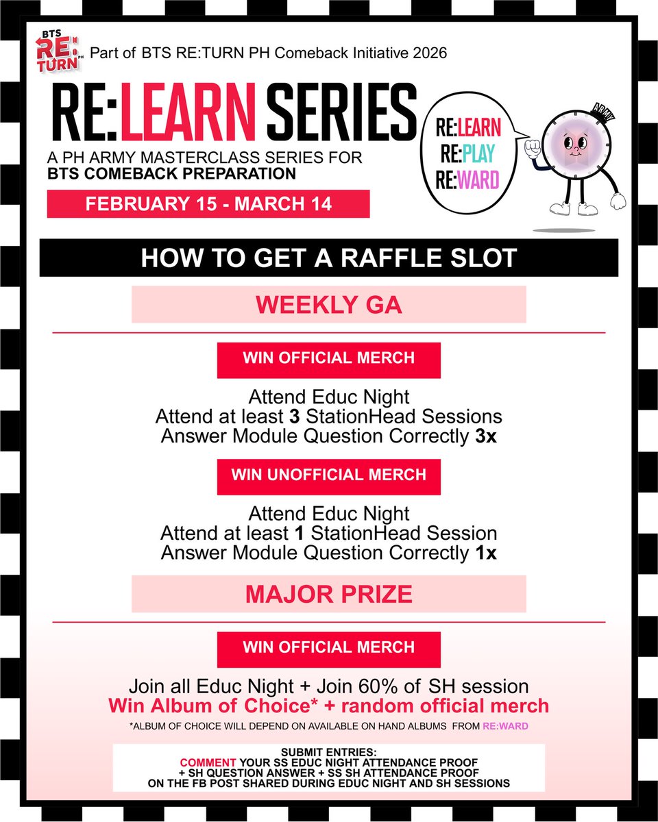 🚨 WEEKLY GA MECHANICS UPDATED

Earn raffle slots:
✔ Educ Night
✔ 1–3 SH sessions
✔ Answer module correctly

🏆 Major Prize:
Join ALL Educ + 60% SH
Win Album of Choice* + official merch

Comment your proofs on FB session post.

#BTSRE_TURNPH #BTSRePlay #BTSReLearn #BTSReWards