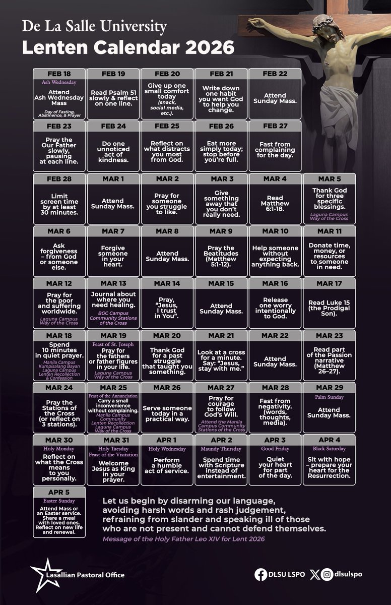 dlsulspo's tweet photo. As the Lenten Season begins today, Ash Wednesday, the Lasallian community is invited to take part in a 40 Day Lenten Calendar, prepared as a shared journey of prayer, reflection, and accompaniment as one Lasallian Family. https://t.co/F34RlYuUfx