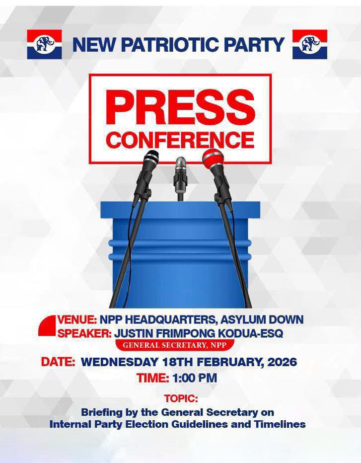 The General Secretary of the New Patriotic Party (NPP), Justin Frimpong Kodua, Esq., will engage the media today at 1:00pm, 18th February 2026 to provide clarity on the party’s internal election guidelines and timelines.