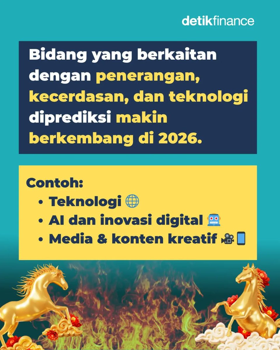 detikfinance's tweet image. Tahun #2026 merupakan tahun #kudaapi. Pakar #FengShui, Suhu Hong Xiang Yi, menyebut elemen api secara umum memiliki sifat penerangan. Artinya #bisnis atau yang berada dalam lingkup kecerdasan dan teknologi dapat lebih makmur sepanjang tahun ini! 🤩

Creator: Salma