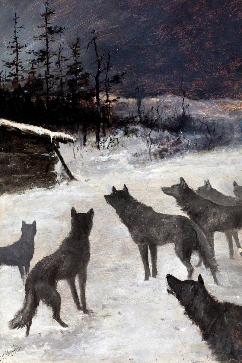 The Wolves, oil on board. — E. T. Merrill (American, 20th Century)