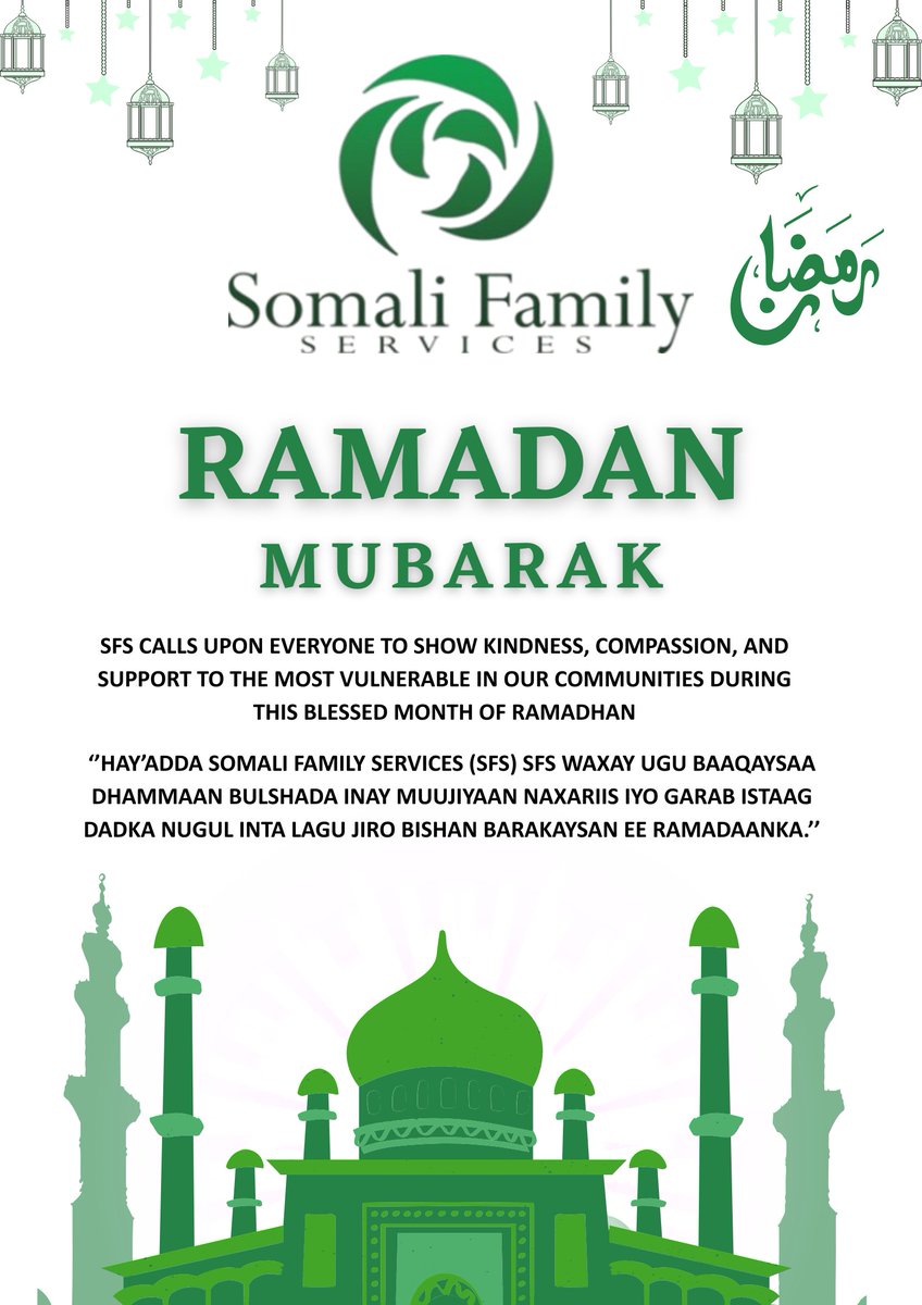 SFSorgj's tweet photo. Somali Family Services (SFS) wishes you and your families a blessed Ramadhan.
During this holy month, we encourage everyone to remember and support those who are less advantaged in our communities. 
Ramadhan Mubarak.
#RamadhanMubarak  #SFS #Somalia #somalistabilityfund https://t.co/XsK03wRUc0