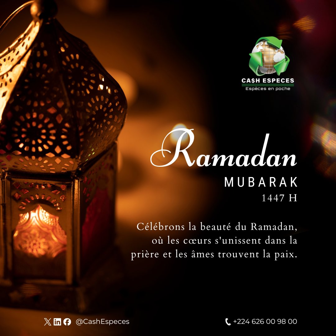 Que ce mois béni de Ramadan soit pour chacun de nous un temps de purification et de miséricorde.
Qu’il apaise nos cœurs, élève nos âmes et renforce notre foi.

Ramadan Kareem à toute la communauté musulmane.

#Ramadan2026 #Guinée #RamadanMubarak