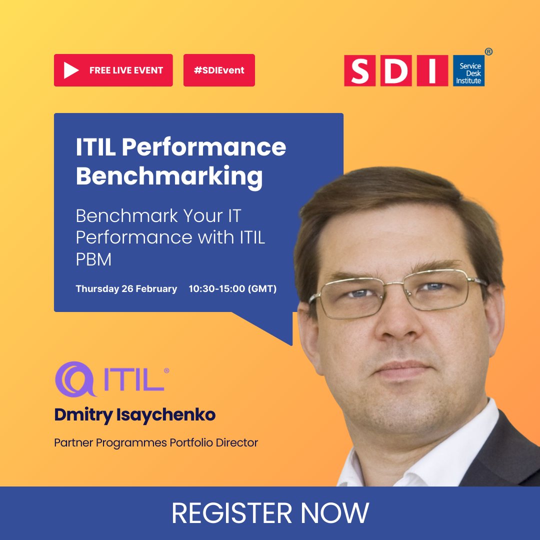 sdi_institute's tweet image. ✅  Session spotlight:

ITIL Performance Benchmarking, Dmitry Isaychenko, Partner Programmes Portfolio Director, ITIL.

Be among the first who learn about new #ITIL Performance Benchmarking Model (ITIL PBM) and participate in the research. 

sdivirtual.servicedeskinstitute.com/best-practice-…
