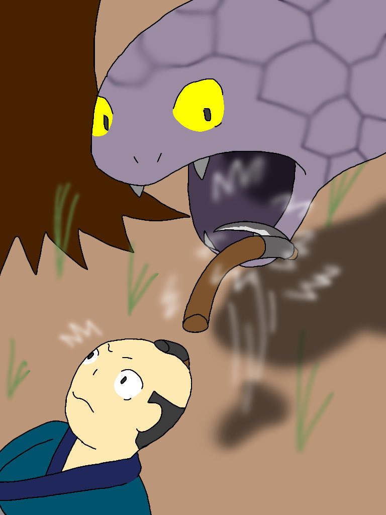 自己流妖怪図画
目覚まし鎌
島根県安濃郡長久村(大田市長久町)に伝わる話。延宝7年(1679)、土江の槇家の主人が庭の手入れをして外で寝ていると作業に使った鎌が耳元で騒がしく音を立てた。実はそのとき大きな毒蛇が迫っており、あわや主人は一呑みにされるところだった。同家では持ち主の危機を