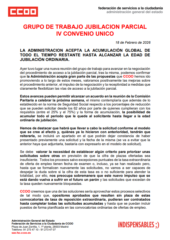 Nota informativa referida a la reunión celebrada ayer sobre el procedimiento de acceso a la jubilación parcial por parte del personal laboral del IV Convenio Único.