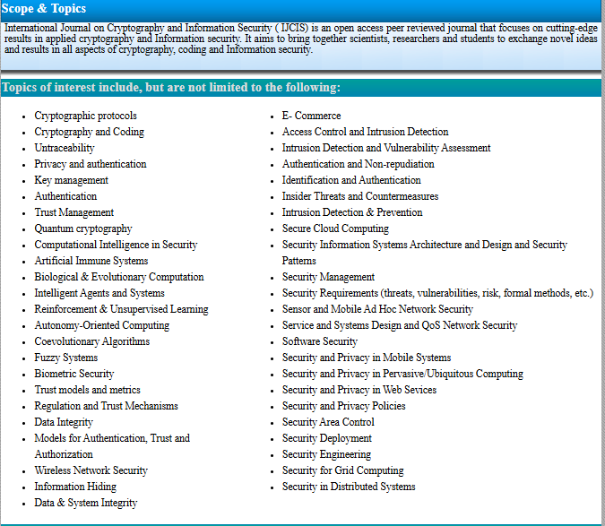 Call For Papers..!!
International Journal on Cryptography and Information Security ( IJCIS)
ISSN : 1839-8626 
Webpage URL:  airccse.org/journal/ijcis/…
CONTACT US:
  ijcisjournal@wireilla.com or ijcisjournal@airccse.org
SUBMISSION SYSTEM: 
airccse.com/submissioncs/h…