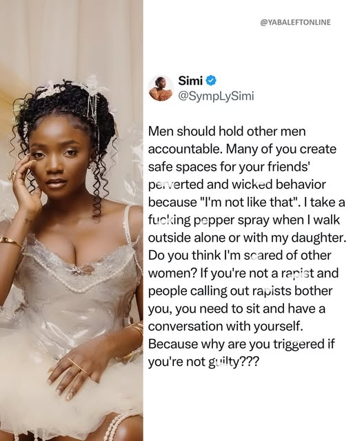 yabaleftonline's tweet photo. "If you're not a r@p!st and calling out r@p!sts bother you, you need to sit and have a conversation with yourself" – Singer, Simi says https://t.co/P8Qgk902QM