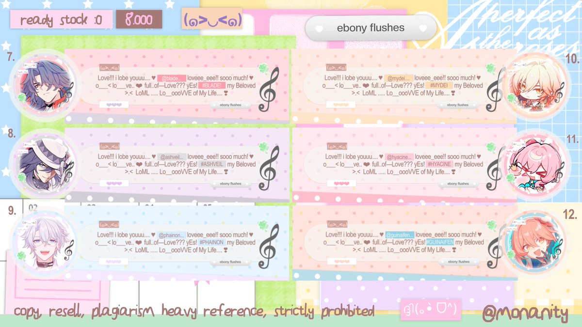 monanity's tweet photo. help rt? thank you!! 🍀☎️

hello! Lia ada layout ready stock anime, manga, hsr, hi3, genshin, wuwa, proseka 🧚‍♂️ +open for by request jugaa.. ♥︎! bisa di—take di jam berikut; 

🧁 dm ready stock 19.00 wib 
📬 dm made by req 20.10 wib

(4/5)
#zonauang #zonaba https://t.co/A8J39ZyLBE