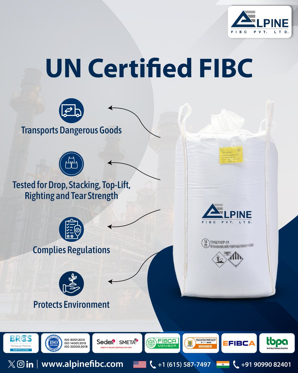 alpinefibc's tweet image. UN Certified FIBC – Built for Safety. Designed for Strength.

📞 90990 82401 | USA +1 (615) 587-7497
📧 sales@alpinefibc.com
🌐 alpinefibc.com

#AlpineFIBC #UNCERTIFIED #FIBC #BulkBags #IndustrialPackaging #DangerousGoods #SafeTransport #QualityAssured