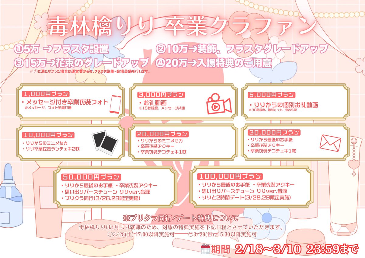 【🍎 りり卒業クラファン🪞】

3/22(日)BUZZ LIVE 渋谷で開催！
卒業ライブに向けてクラファンを開始します💡

💎フラスタや会場装飾が豪華に！
💎花束や入場特典も…！？

🗓クラファン期間: 2/18~3/10 23:59

クラファンはこちらから↓
🔗livepocket.jp/e/ririfan_02

#こすもえどっときゅーと