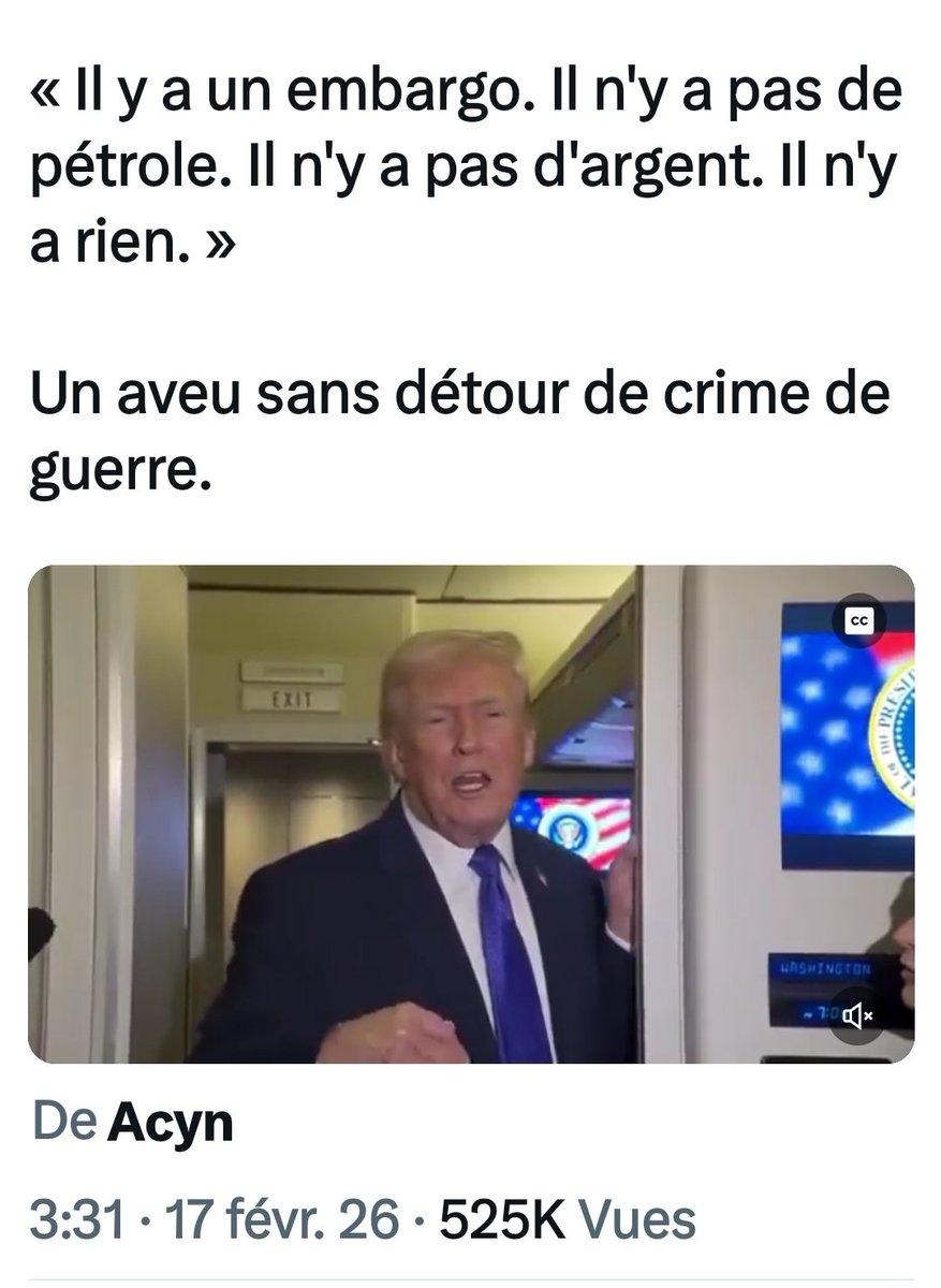 <a href="/realDonaldTrump/">Donald J. Trump</a> est en train de mettre en place un embargo meurtrier et criminel sur Cuba à l'instar de celui imposé sur #Gaza par l'entité sioniste génocidaire.
Un bon gars, un Nobel de la Paix.