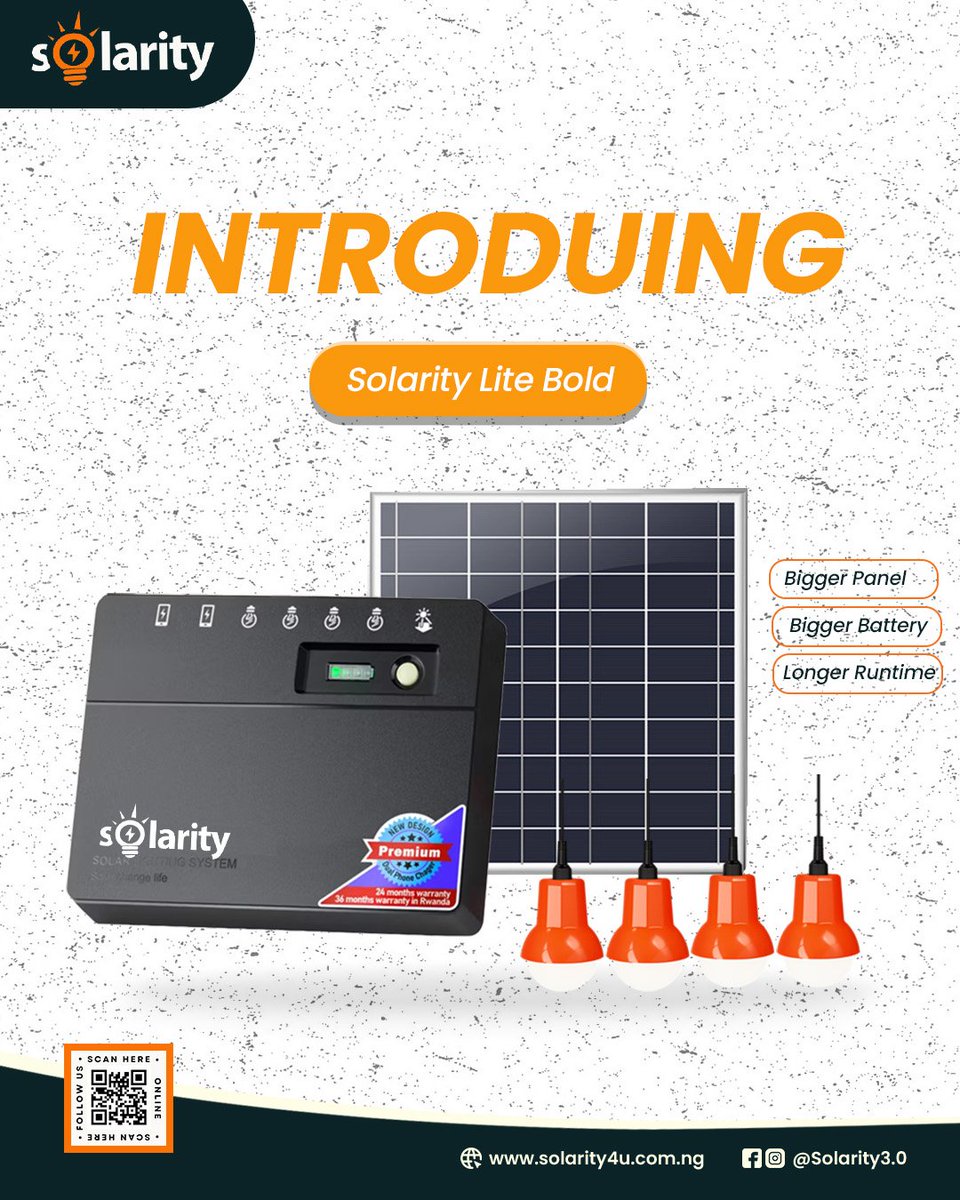 solarity4u's tweet image. Meet the upgraded Solarity Lite Bold ☀️

15W solar panel
12Ah battery
Up to 15 hours of lighting
Bigger panel. Bigger battery. Longer performance.
Reliable solar power for homes &amp;amp; small businesses.
#Solarity #SolarEnergy #GoSolar #RenewableEnergy #ReliablePower